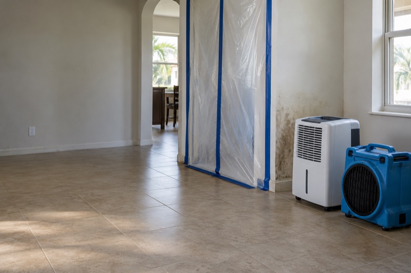 Portable drying equipment beside a damp interior wall