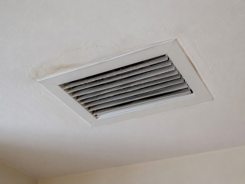 Ceiling ventilation grille beside a discolored plaster edge