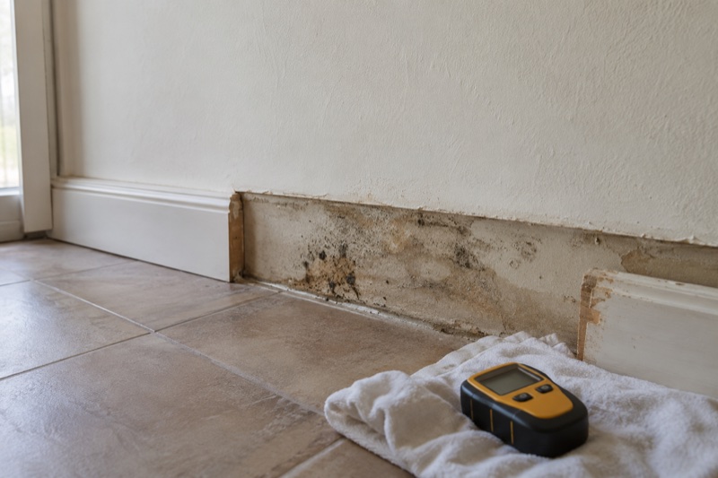 Moisture discoloration at an interior wall base beside a meter